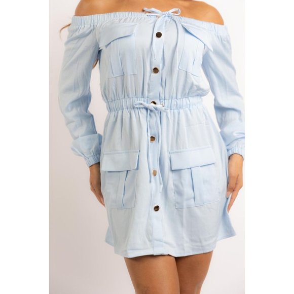 Women's Off Shoulder Cargo Mini Dress Tie Waist Buttons Long Sleeve Blue XS - 3X - Picture 9 of 11